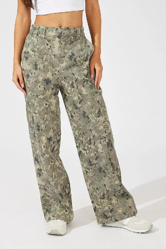 Green Print Cargo Pants Mid Rise