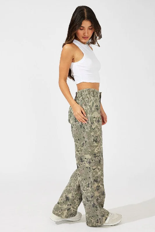 Green Print Cargo Pants Mid Rise