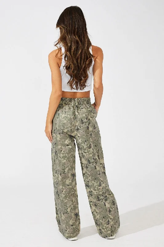 Green Print Cargo Pants Mid Rise