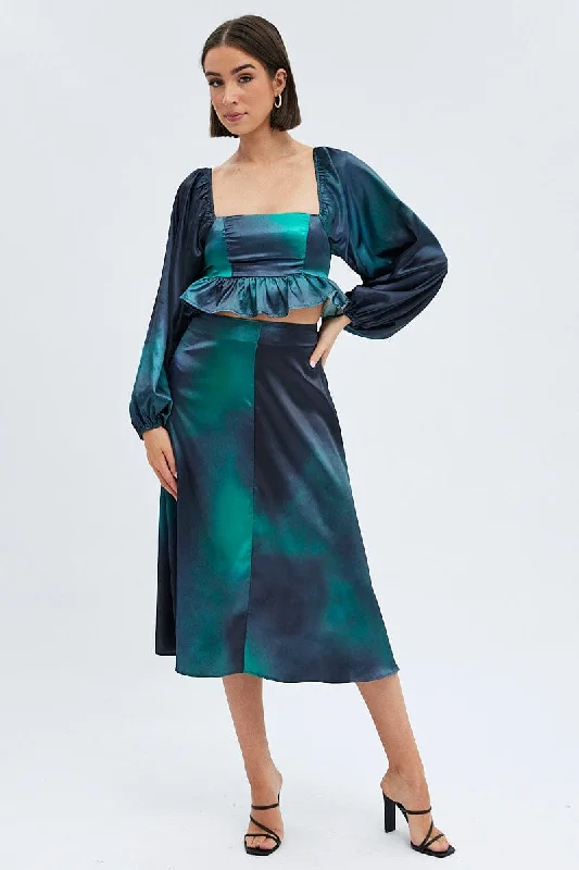 Green Print Crop Top Long Sleeve Square Neck Frill Hem Satin