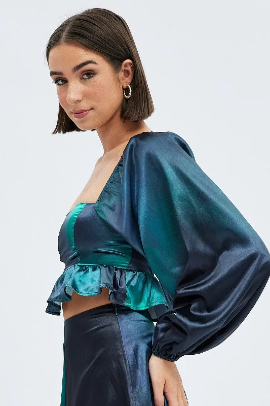 Green Print Crop Top Long Sleeve Square Neck Frill Hem Satin