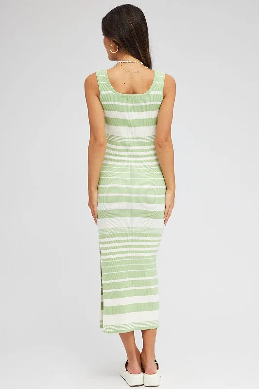 Green Stripe Knit Dress Square Neck Sleeveless Midi