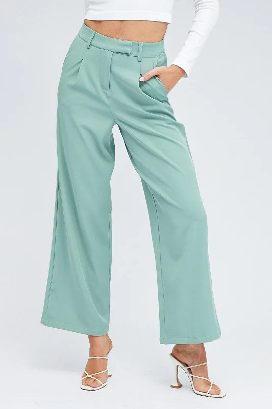 Green Wide Leg Pants High Rise