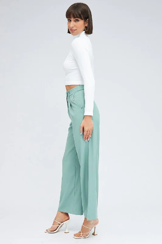 Green Wide Leg Pants High Rise