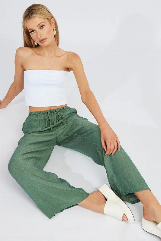 Green Wide Leg Pants Textured Fabric