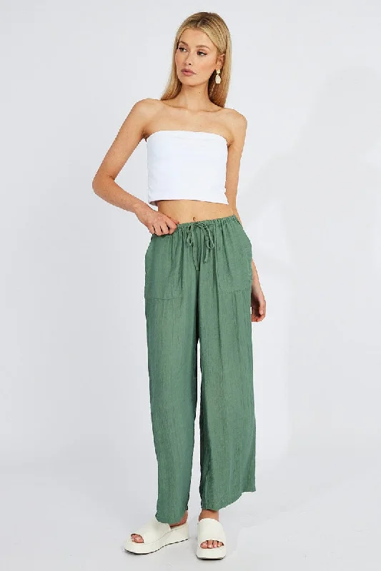 Green Wide Leg Pants Textured Fabric