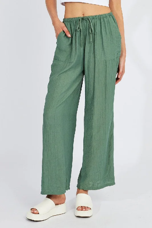 Green Wide Leg Pants Textured Fabric