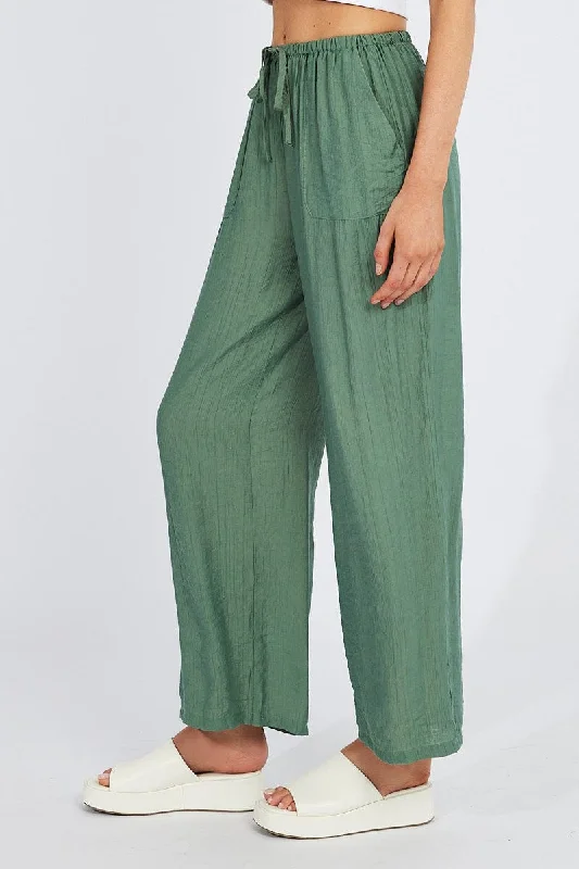 Green Wide Leg Pants Textured Fabric