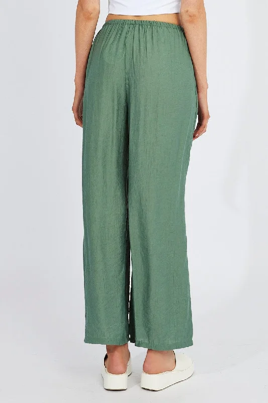 Green Wide Leg Pants Textured Fabric