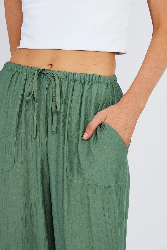 Green Wide Leg Pants Textured Fabric