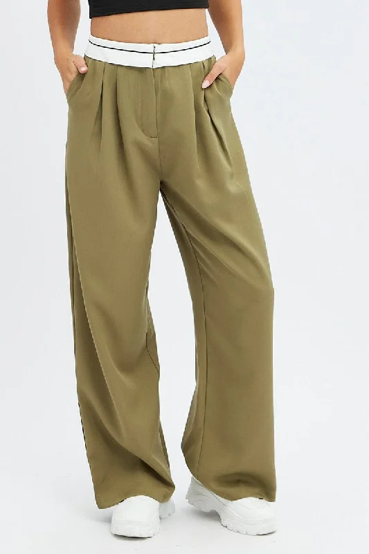 Green Wide Leg Pants Turn Down Waist Low Rise