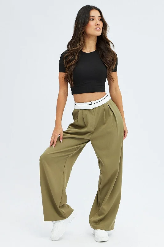 Green Wide Leg Pants Turn Down Waist Low Rise