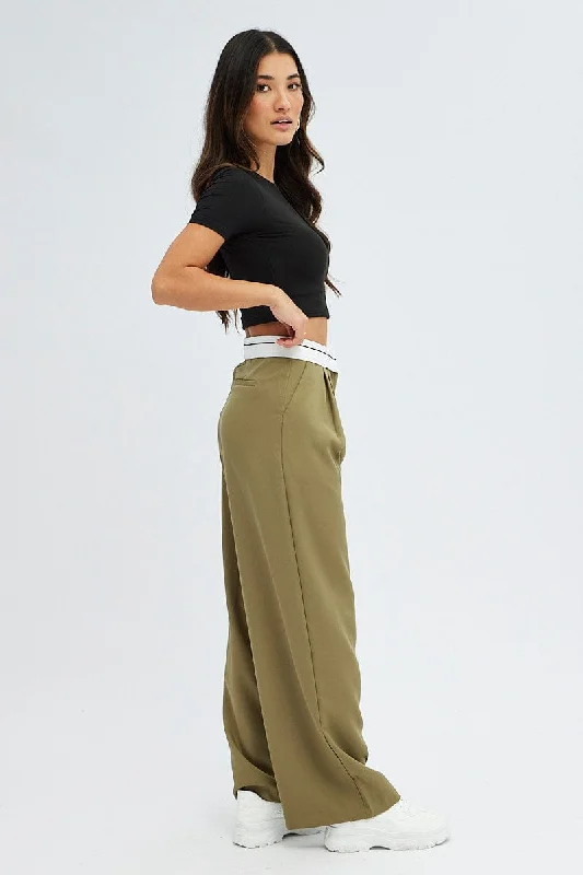 Green Wide Leg Pants Turn Down Waist Low Rise