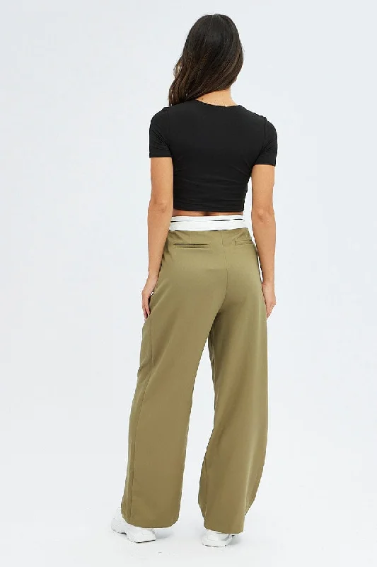 Green Wide Leg Pants Turn Down Waist Low Rise