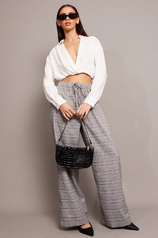 Grey Check Wide Leg Pants Elastic Waist