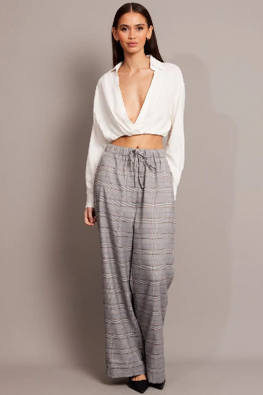 Grey Check Wide Leg Pants Elastic Waist