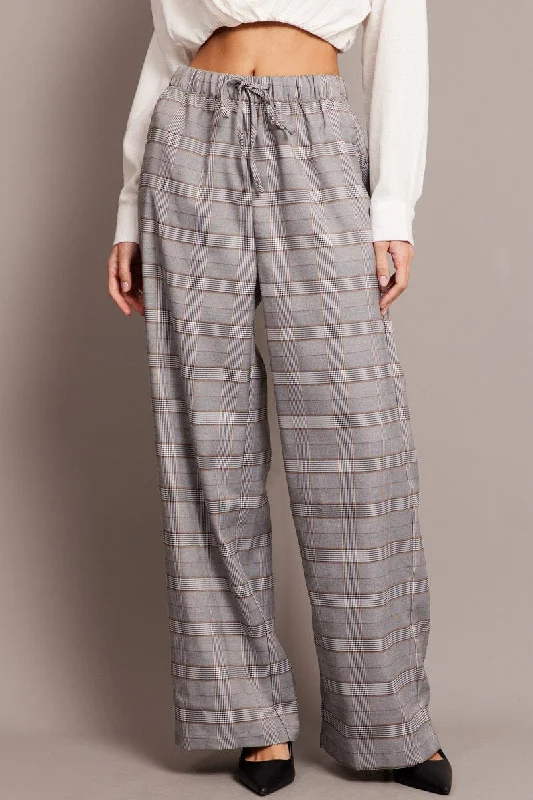 Grey Check Wide Leg Pants Elastic Waist