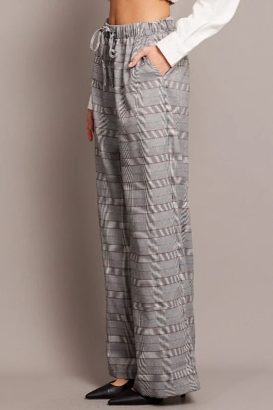 Grey Check Wide Leg Pants Elastic Waist