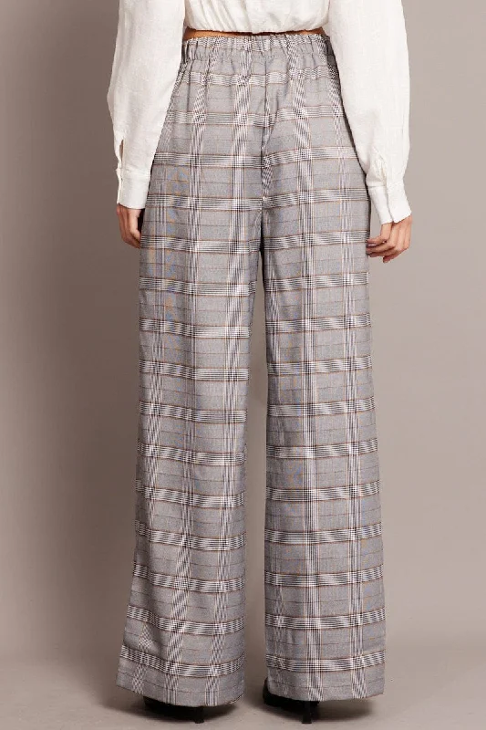 Grey Check Wide Leg Pants Elastic Waist