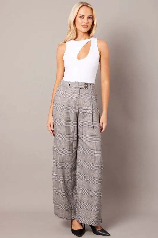 Grey Check Wide Leg Pants Tailored