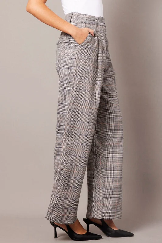 Grey Check Wide Leg Pants Tailored