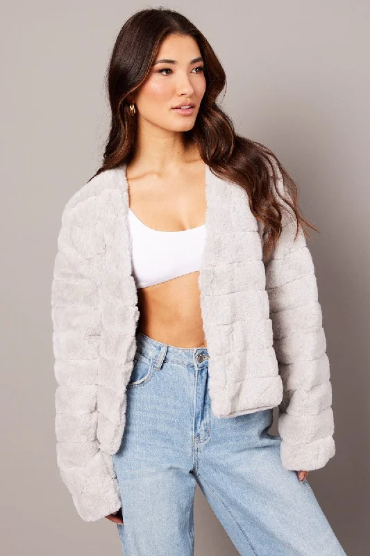 Grey Faux Fur Crop Jacket