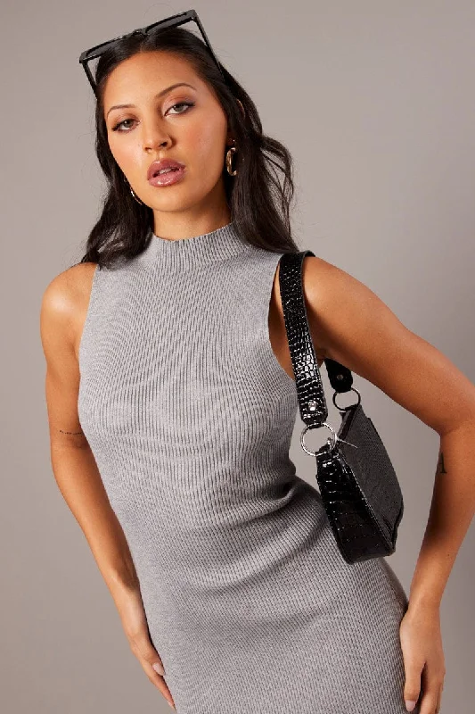 Grey High Neck Knit Dress Midi