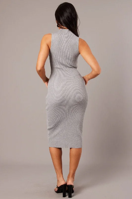 Grey High Neck Knit Dress Midi