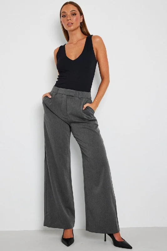 Grey Wide Leg Pants Mid Rise