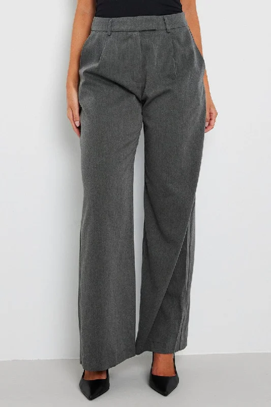 Grey Wide Leg Pants Mid Rise