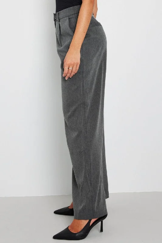 Grey Wide Leg Pants Mid Rise