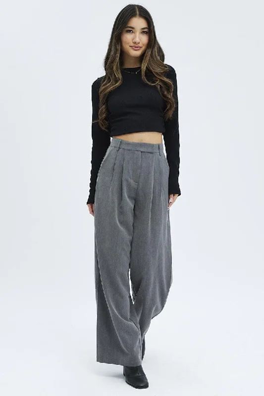 Grey Wide Leg Pants Turn Down Waist Low Rise