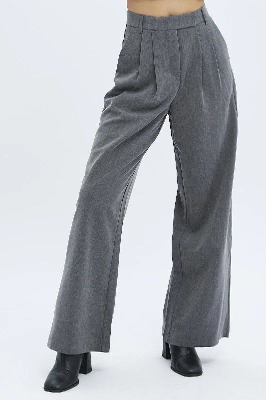 Grey Wide Leg Pants Turn Down Waist Low Rise