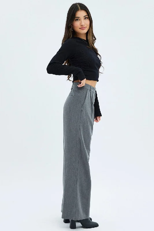 Grey Wide Leg Pants Turn Down Waist Low Rise