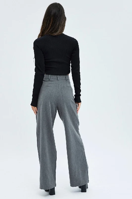 Grey Wide Leg Pants Turn Down Waist Low Rise