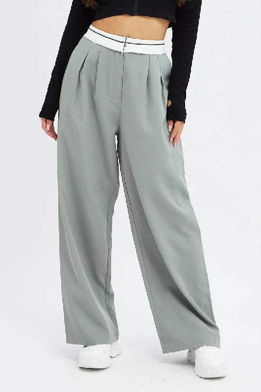 Grey Wide Leg Pants Turn Down Waist Low Rise