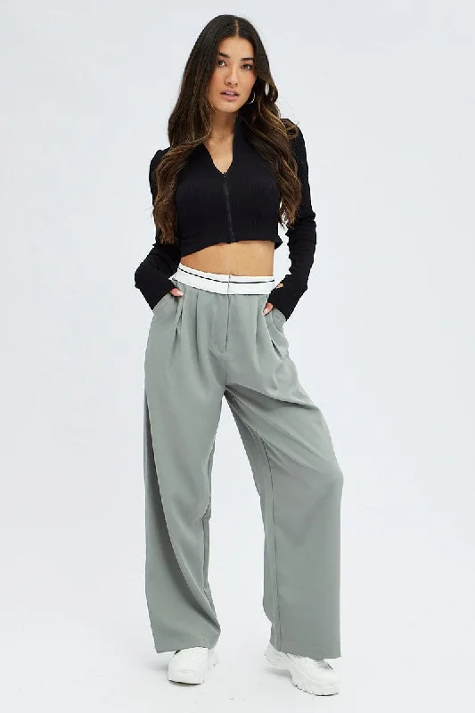 Grey Wide Leg Pants Turn Down Waist Low Rise