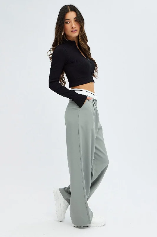 Grey Wide Leg Pants Turn Down Waist Low Rise