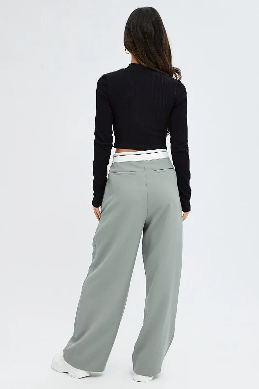 Grey Wide Leg Pants Turn Down Waist Low Rise