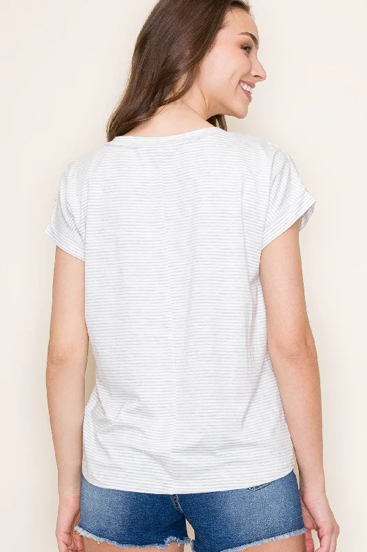 Heather Grey Striped V-Neck Short Sleeve Top