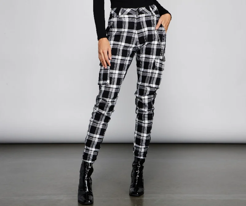 High Waist Plaid Joggers With Chain