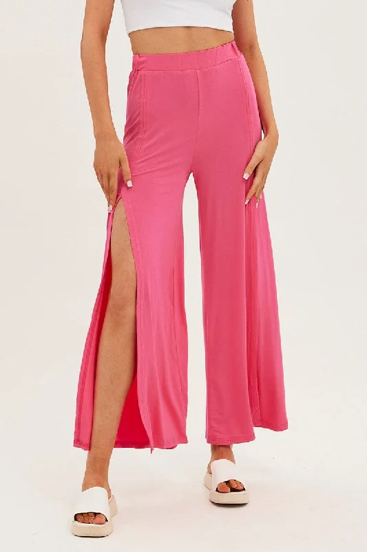 Hot Pink Wide Leg Pants High Rise Front Split