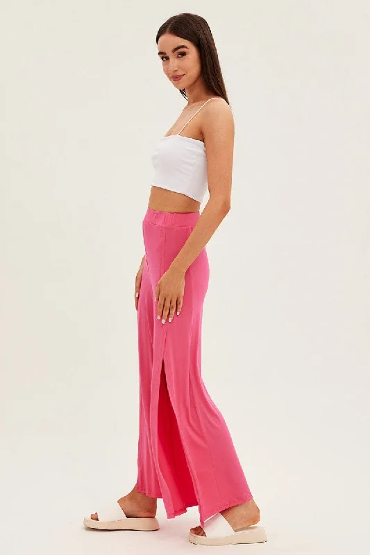 Hot Pink Wide Leg Pants High Rise Front Split