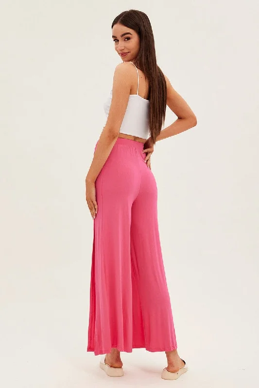 Hot Pink Wide Leg Pants High Rise Front Split