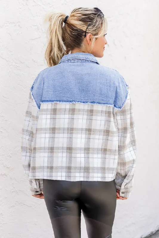 A Different Direction Ivory And Beige Plaid Detail Denim Jacket