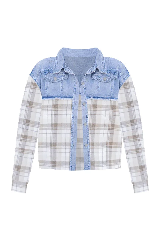 A Different Direction Ivory And Beige Plaid Detail Denim Jacket