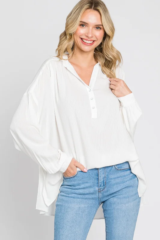 Ivory Lightweight Striped Textured Collared Top