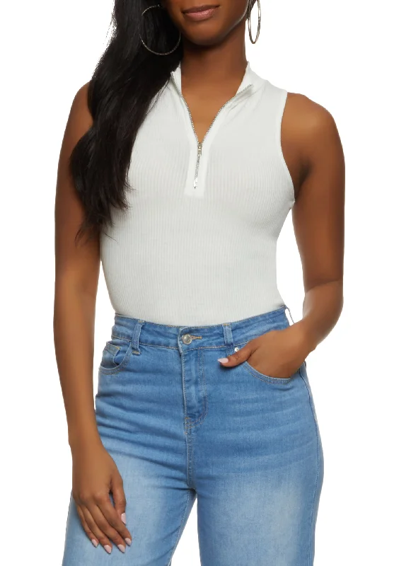 Rib Knit Zip Neck Sleeveless Bodysuit