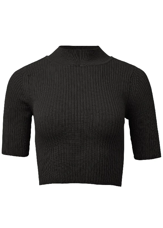 Ribbed Crop Mock Neck Top - Black