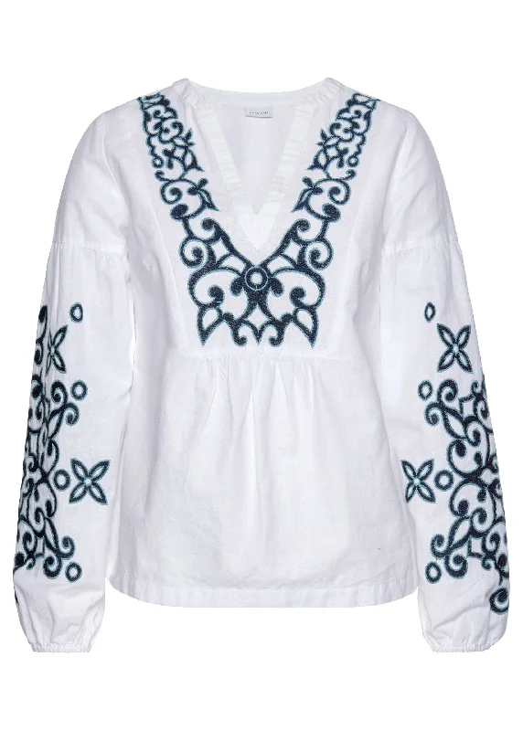 Embroidered v-neck blouse - Blue & White